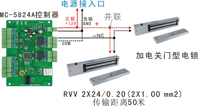 双门门禁控制器与磁力锁的接线